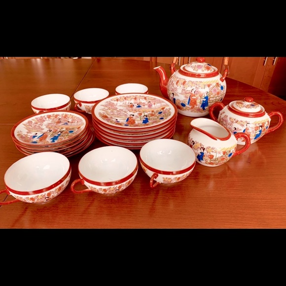 23 piece Japanese Eggshell Porcelain Tea Set cups saucers plates teapot creamer - Picture 4 of 12